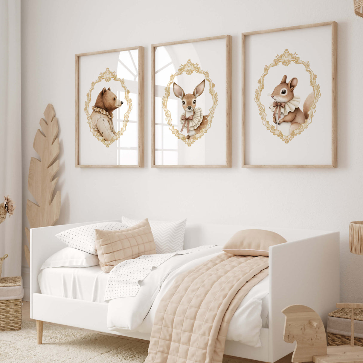 Watercolor vintage forest animal portrait with gold baroque crest print for gender neutral nursery decor, victorian nursery decor, beige white nursery decor, rococo nursery decor, luxury nursery decor, baroque nursery decor, includes woodland animals: deer, bear, squirrel.
