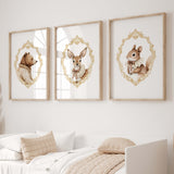 Watercolor vintage forest animal portrait with gold baroque crest print for gender neutral nursery decor, victorian nursery decor, rococo nursery decor, luxury nursery decor, baroque nursery decor, includes woodland animals: deer, bear, squirrel.
