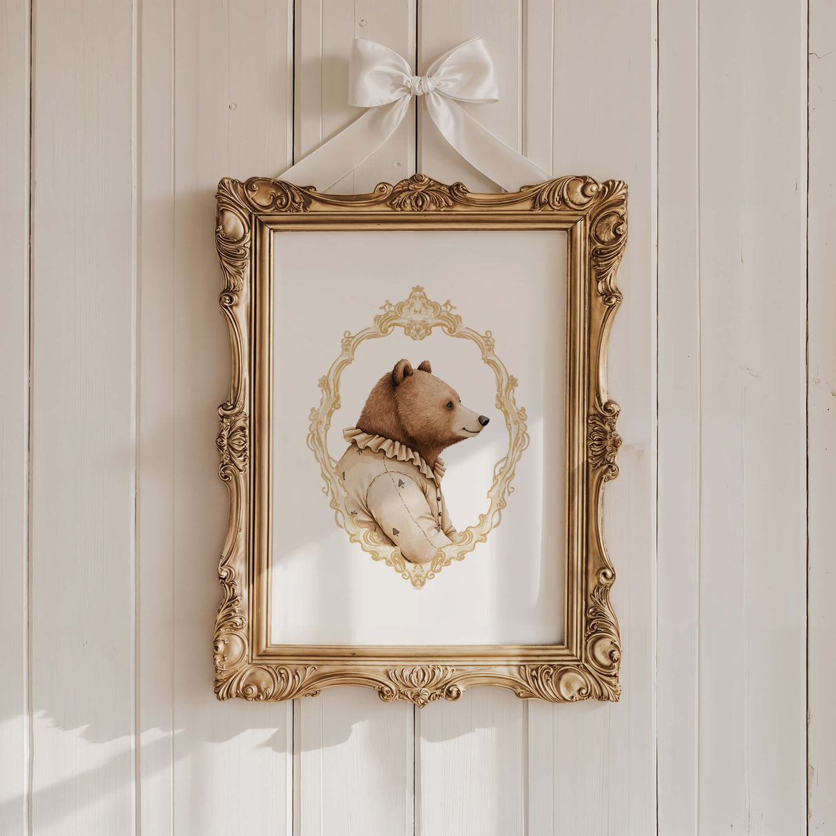 Watercolor vintage bear portrait with gold baroque crest print for gender neutral nursery decor, victorian nursery decor, beige white nursery decor, rococo nursery decor, luxury nursery decor, baroque nursery decor.