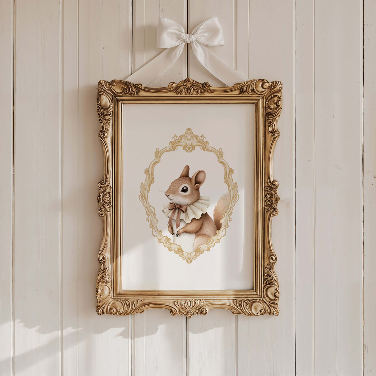 Watercolor vintage squirrel portrait with gold baroque crest print for gender neutral nursery decor, victorian nursery decor, beige white nursery decor, rococo nursery decor, luxury nursery decor, baroque nursery decor.