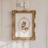 Watercolor vintage squirrel portrait with gold baroque crest print for gender neutral nursery decor, victorian nursery decor, beige white nursery decor, rococo nursery decor, luxury nursery decor, baroque nursery decor.