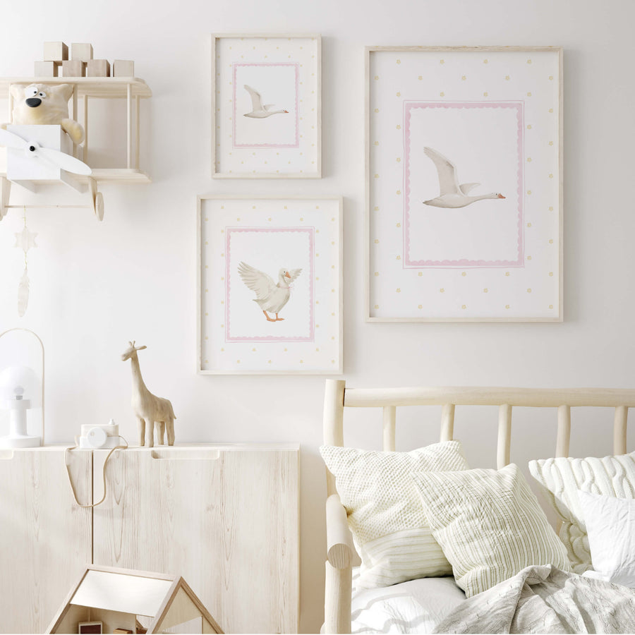 Silly Goose Nursery Print- Pink Yellow - Set of 7 - Cottagecore - Girl ...