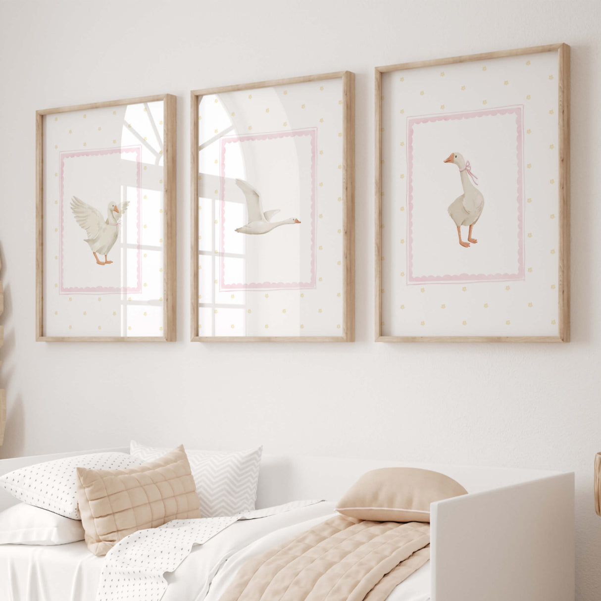 Watercolor silly goose print in pink and yellow colors for baby girls room decor, cottagecore nursery decor, vintage nursery decor, boho nursery decor, pink yellow nursery decor.