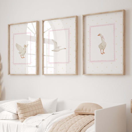 Watercolor silly goose print in pink and yellow colors for baby girls room decor, cottagecore nursery decor, vintage nursery decor, boho nursery decor, pink yellow nursery decor.