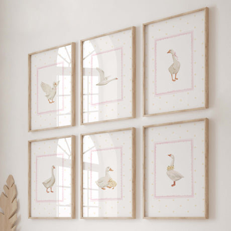 Watercolor silly goose printable in pink and yellow colors for baby girls room decor, cottagecore nursery decor, vintage nursery decor