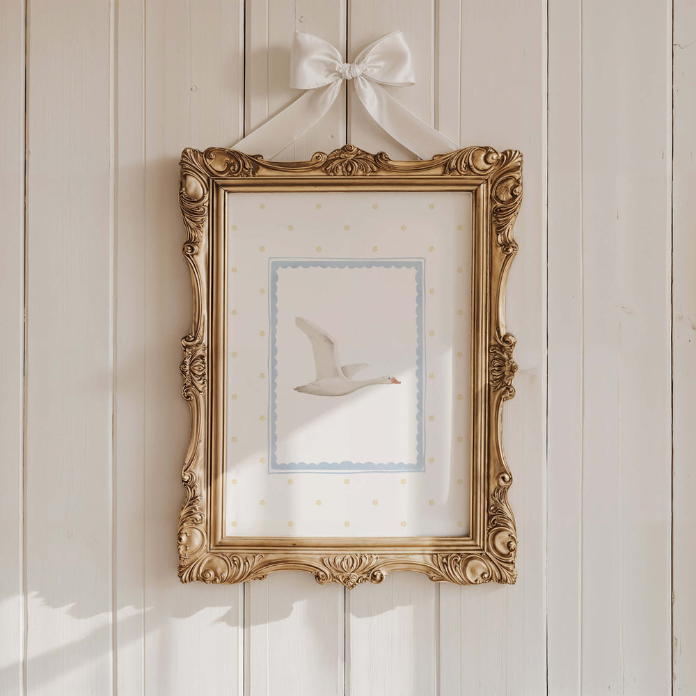 Watercolor silly goose print in blue and yellow colors for baby boys room decor, toddler room decor, blue yellow nursery decor, boho nursery decor, cottagecore nursery decor.