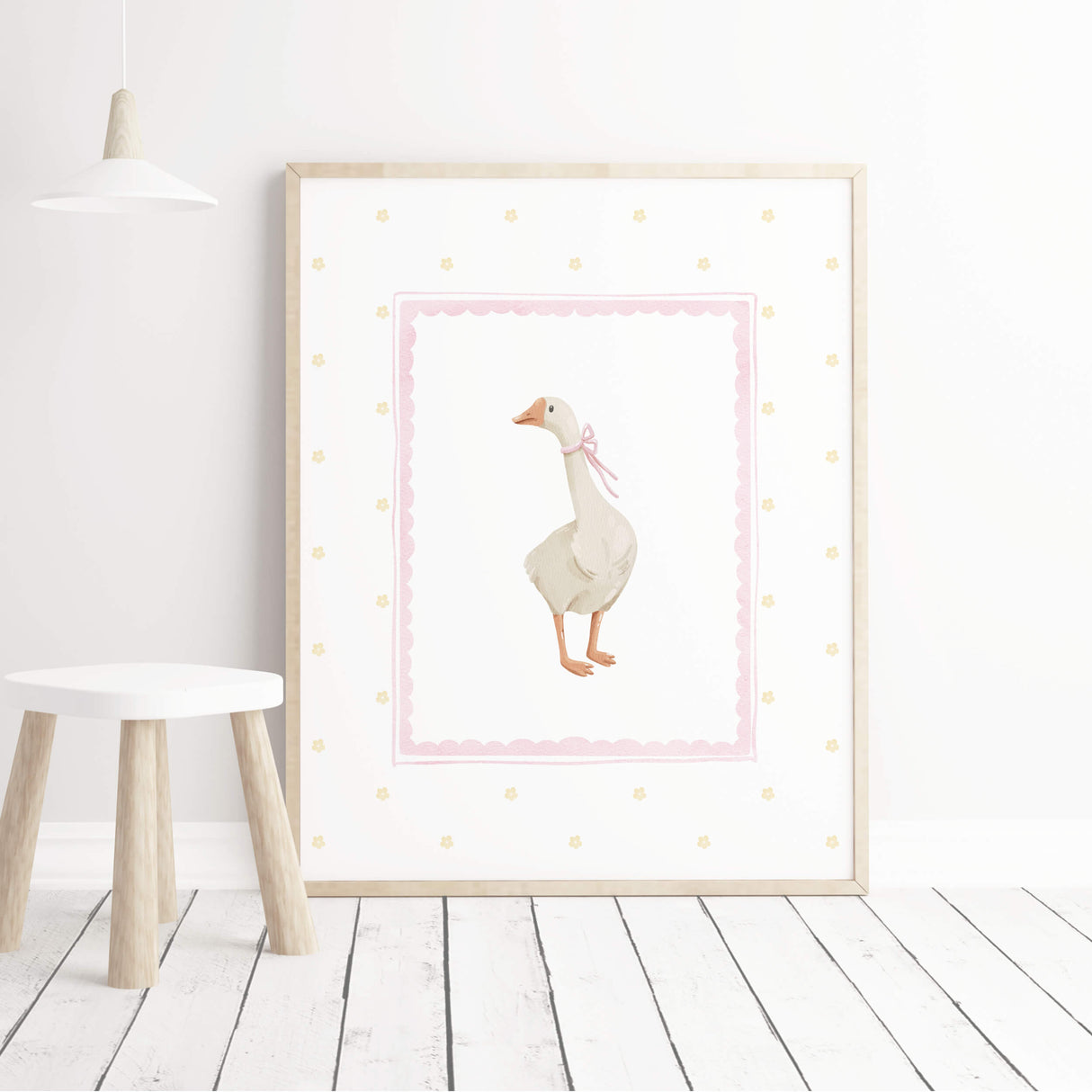 Watercolor silly goose print in pink and yellow colors for baby girls room decor, cottagecore nursery decor, vintage nursery decor, boho nursery decor, pink yellow nursery decor.