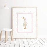 Watercolor silly goose print in pink and yellow colors for baby girls room decor, cottagecore nursery decor, vintage nursery decor, boho nursery decor, pink yellow nursery decor.