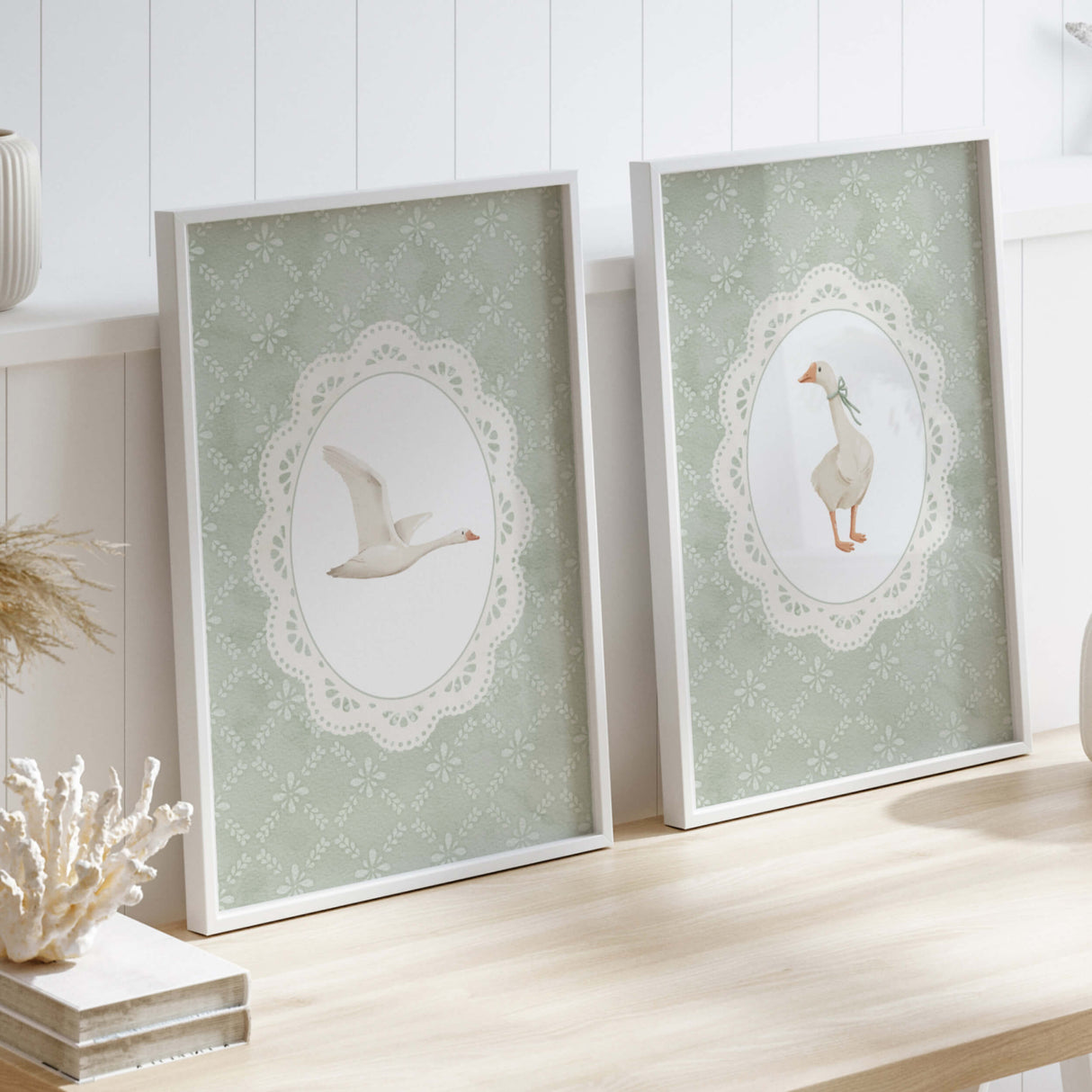 Goose nursery printable wall art set with flying and standing goose on sage green background

