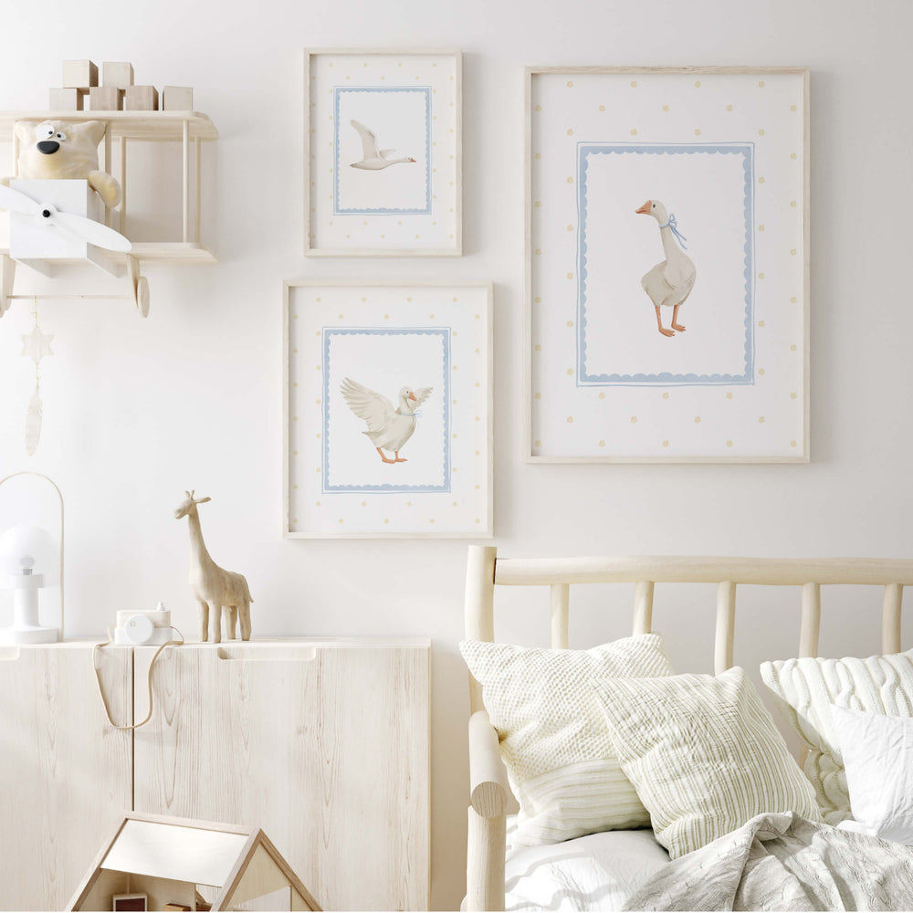 Watercolor silly goose print in blue and yellow colors for baby boys room decor, toddler room decor, blue yellow nursery decor, boho nursery decor, cottagecore nursery decor, vintage nursery decor.