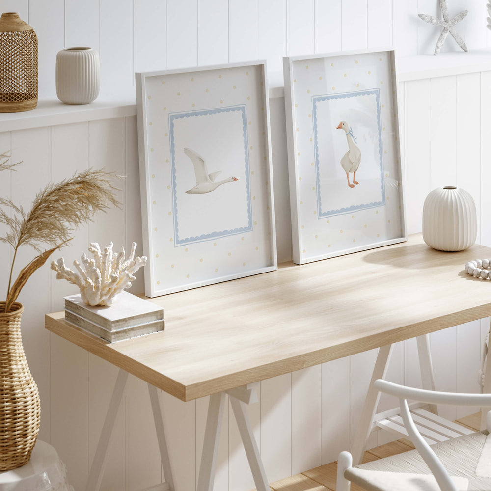 Watercolor silly goose print in blue and yellow colors for baby boys room decor, toddler room decor, blue yellow nursery decor, boho nursery decor, cottagecore nursery decor, vintage nursery decor.