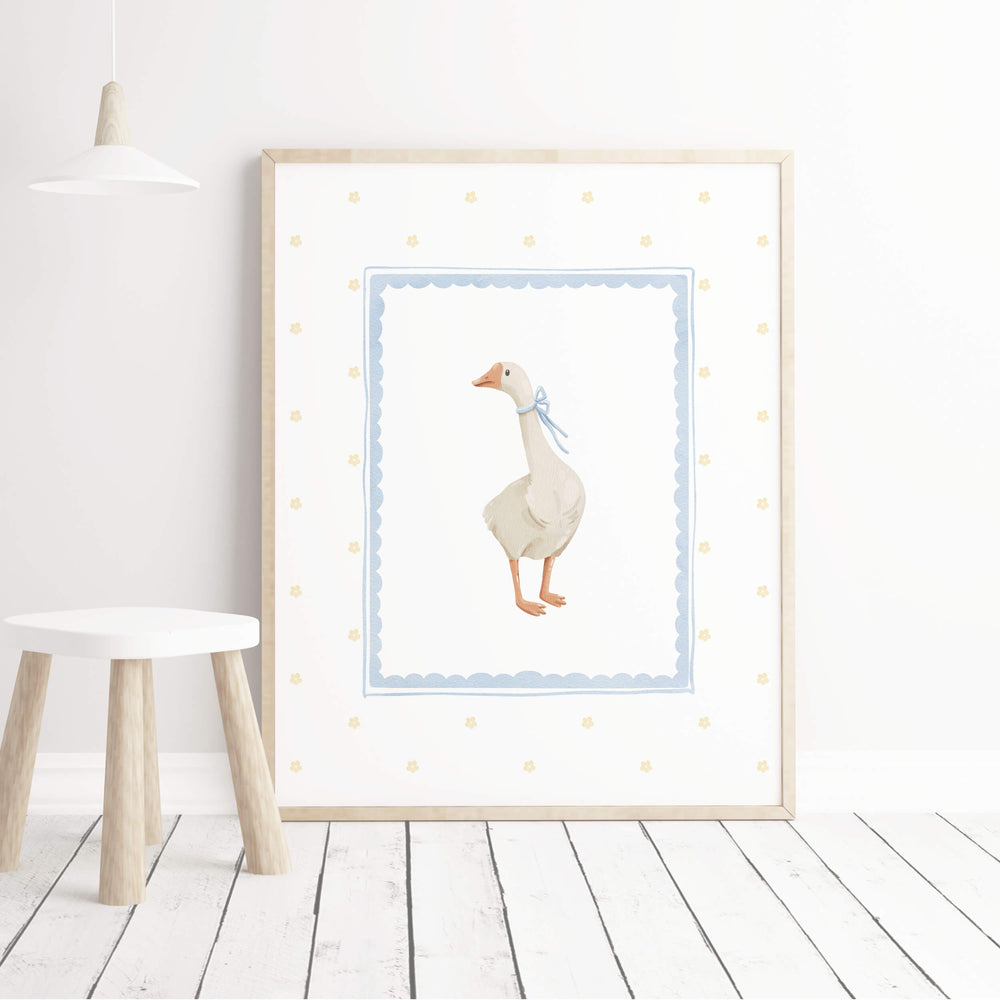 Watercolor silly goose print in blue and yellow colors for baby boys room decor, toddler room decor, blue yellow nursery decor, boho nursery decor, cottagecore nursery decor, vintage nursery decor.