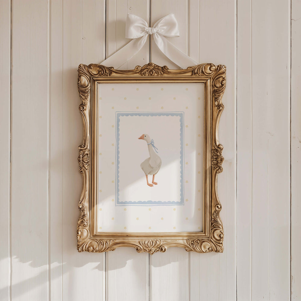 Watercolor silly goose print in blue and yellow colors for baby boys room decor, toddler room decor, blue yellow nursery decor, boho nursery decor, cottagecore nursery decor, vintage nursery decor.