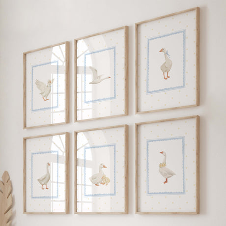 Watercolor silly goose printable for baby boys room decor, toddler room decor, blue yellow nursery decor, boho nursery decor, cottagecore nursery decor.