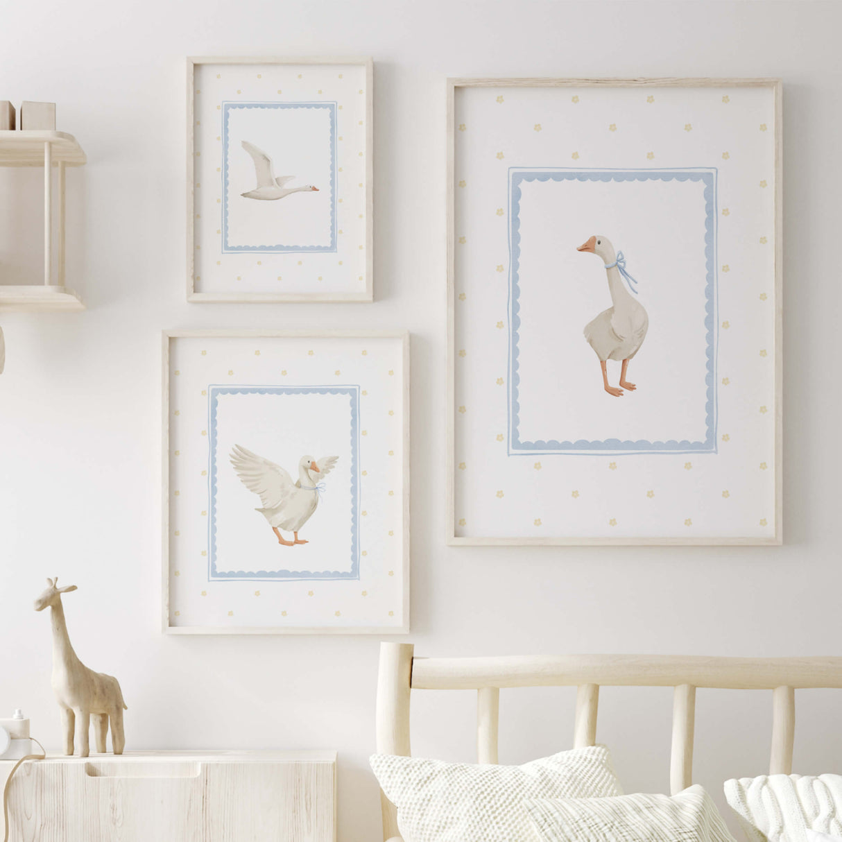 Watercolor silly goose print in blue and yellow colors for baby boys room decor, toddler room decor, blue yellow nursery decor, boho nursery decor, cottagecore nursery decor, vintage nursery decor.