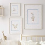 Watercolor silly goose print in blue and yellow colors for baby boys room decor, toddler room decor, blue yellow nursery decor, boho nursery decor, cottagecore nursery decor, vintage nursery decor.