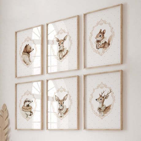 Watercolor beige vintage animal with beige polka dots background orint for gender neutral nursery decor, victorian nursery decor, beige white nursery decor, rococo nursery decor, luxury nursery decor, baroque nursery decor, includes animals: deer, bear, squirrel, badger.