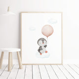Watercolor penguin with pink balloon print for baby girls room decor, animals: penguin, bunny, elephant