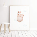 Watercolor bunny with pink balloon print for baby girls room decor, animals: penguin, bunny, elephant