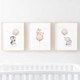 Watercolor animals with pink balloon poster for baby girls room decor, animals: penguin, bunny, elephant