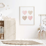 Watercolor hearts printable with beige, brown and pink heart for valentine's day decor, girls room decor. love home decor, romantic home decor, beige, brown, pink nursery decor, boho home decor.