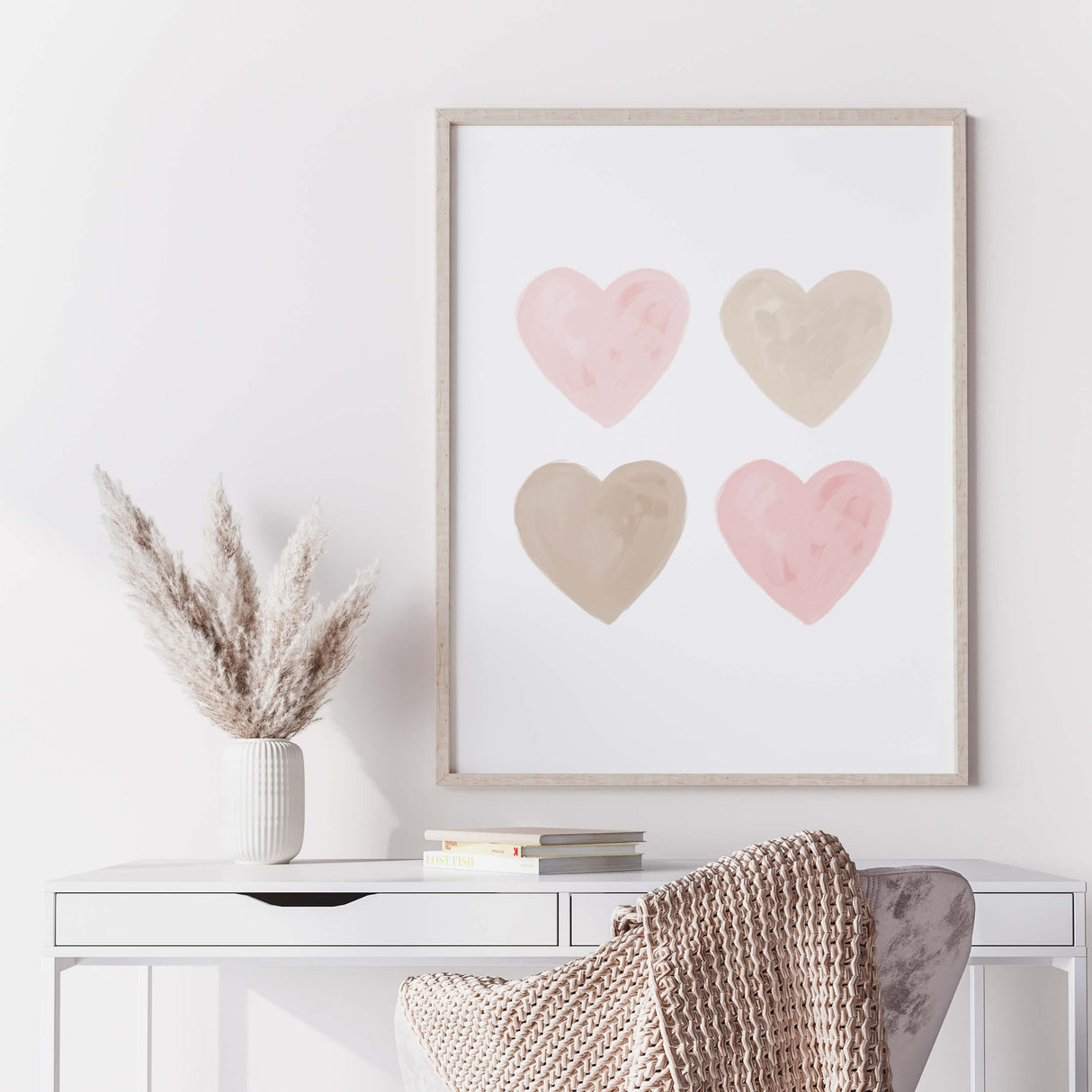 Watercolor hearts print with beige, brown and pink heart for valentine's day decor, girls room decor. love home decor, romantic home decor, beige, brown, pink nursery decor, boho home decor.