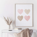 Watercolor hearts print with beige, brown and pink heart for valentine's day decor, girls room decor. love home decor, romantic home decor, beige, brown, pink nursery decor, boho home decor.