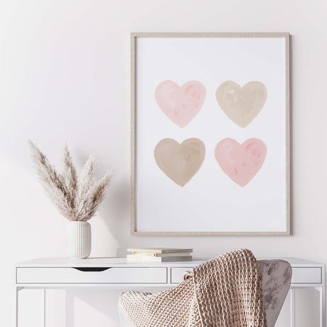 Watercolor hearts print with beige, brown and pink heart for valentine's day decor, girls room decor. love home decor, romantic home decor, beige, brown, pink nursery decor, boho home decor.