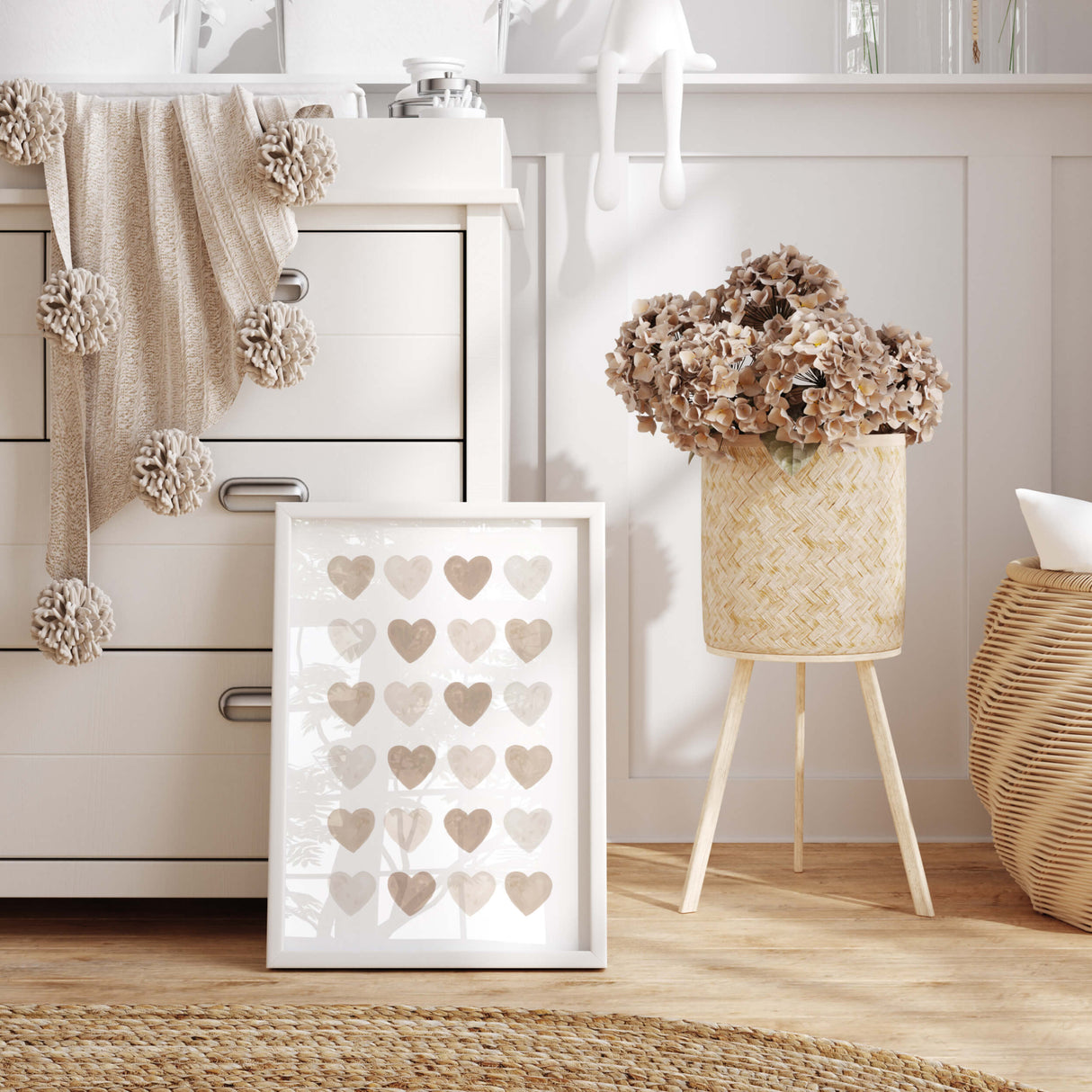 Watercolor hearts print with beige and brown heart for valentine's day decor, girls room decor, love home decor, romantic home decor, neutral nursery decor