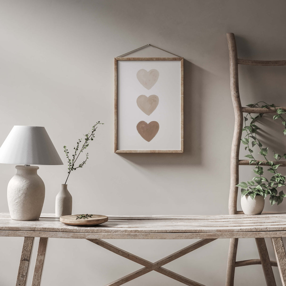 Watercolor beige hearts poster with beige and brown heart for valentine's day decor, girls room decor, love home decor, romantic home decor, neutral nursery decor, boho home decor.