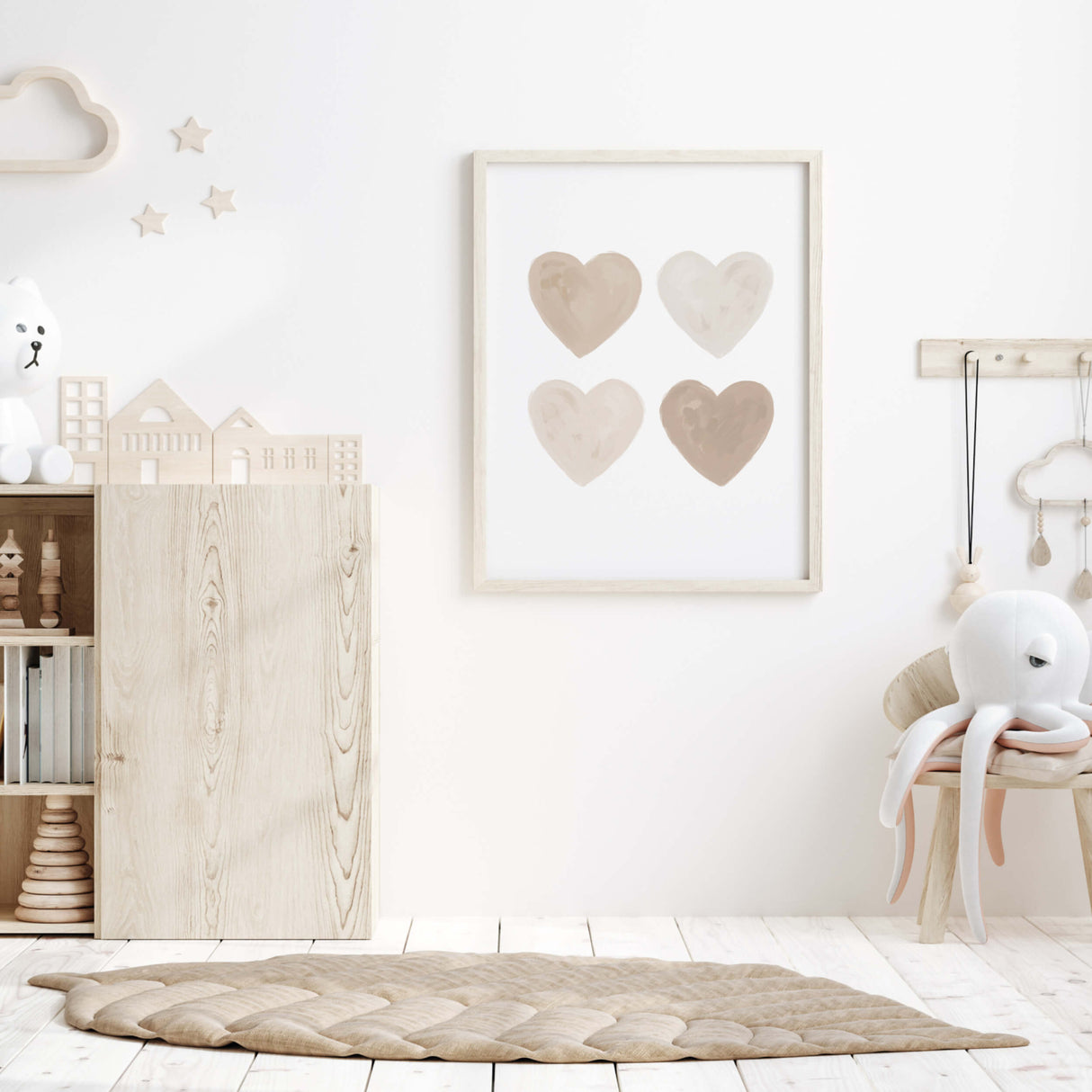 Watercolor hearts print with beige and brown heart for valentine's day decor, girls room decor, love home decor, romantic home decor, neutral nursery decor