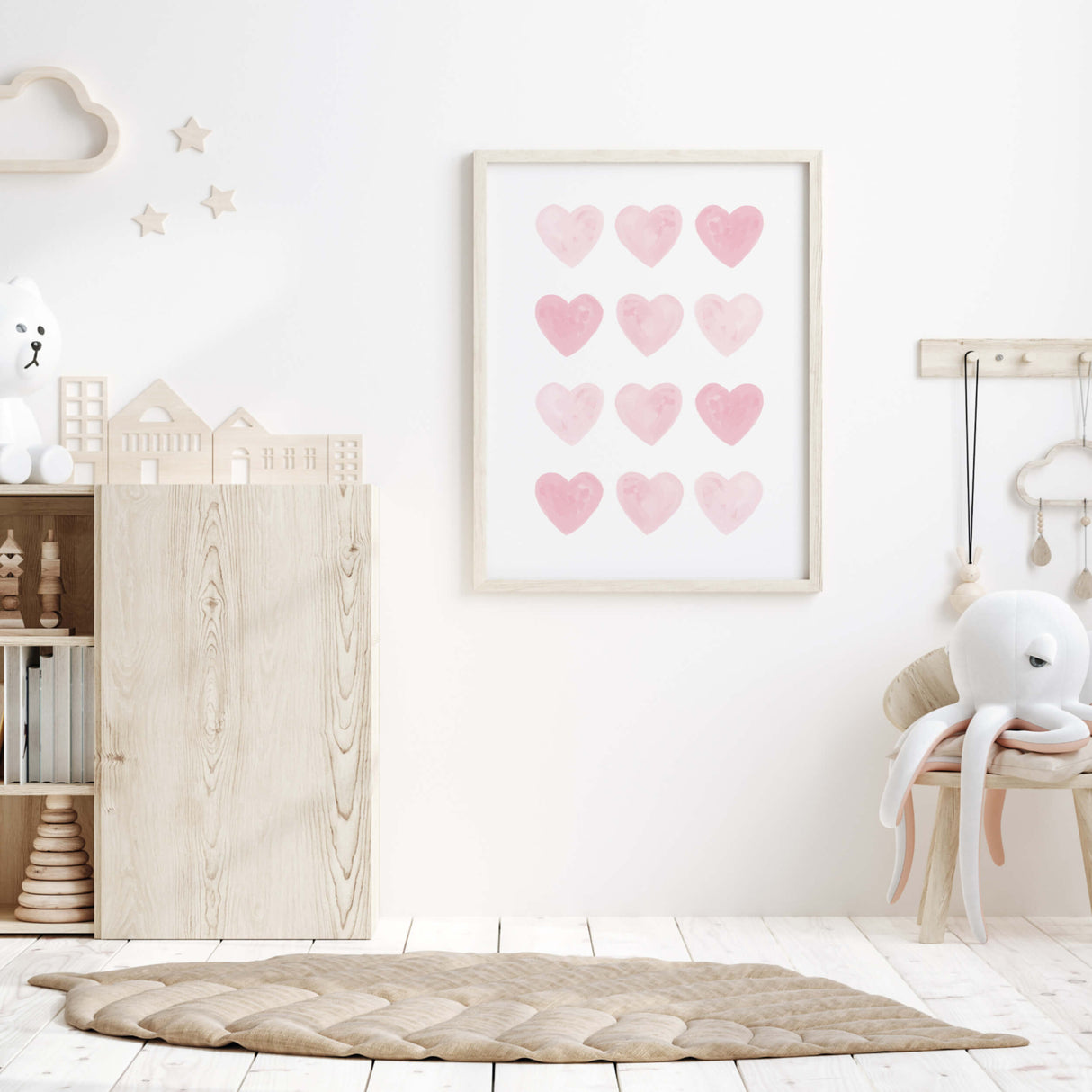Watercolor pink hearts printable for valentine's day decor, girls room decor. love home decor, romantic home decor, beige, brown, pink nursery decor, boho home decor.