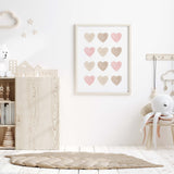 Watercolor hearts printable with beige, brown and pink heart for valentine's day decor, girls room decor. love home decor, romantic home decor, beige, brown, pink nursery decor, boho home decor.