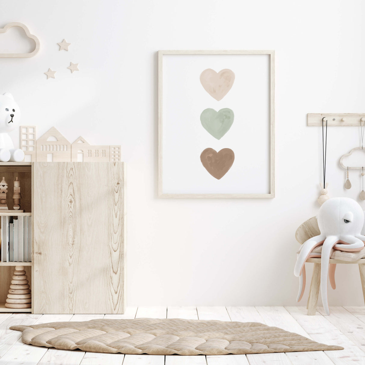 Watercolor hearts printable with beige brown and sage greeen heart for valentine's day decor, girls room decor, love home decor, romantic home decor, neutral nursery decor