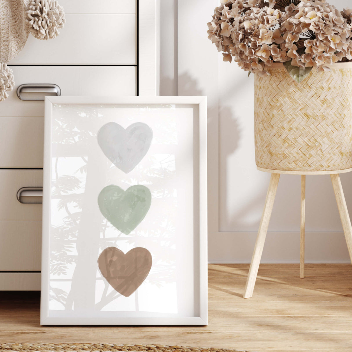 Watercolor hearts print with gray, brown and sage greeen heart for valentine's day decor, girls room decor, love home decor, romantic home decor, neutral nursery decor