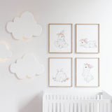 Watercolor bunny print with bunny tail in white, gray, pink colors for baby girls room decor.