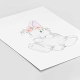 Watercolor bunny poster with bunny tail in white, gray, pink colors for baby girls room decor.