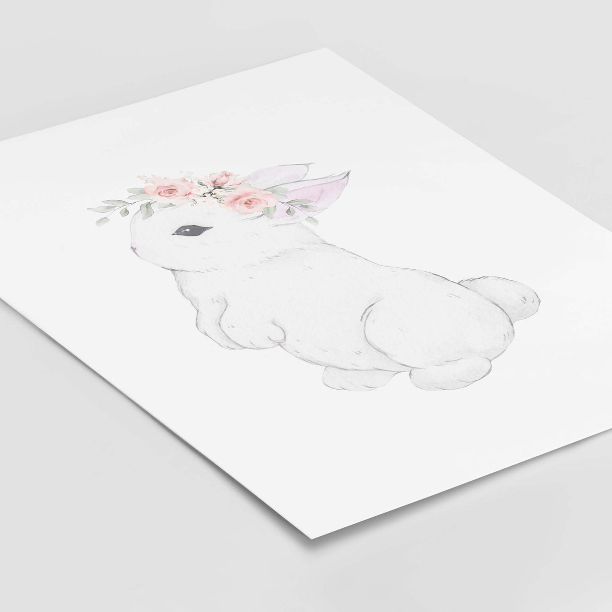 Watercolor bunny print with bunny tail, and pink flower in white, gray, pink colors for baby girls room decor.
