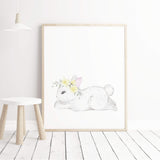 Watercolor bunny printable with bunny tail in white, gray, yellow colors for baby girls room decor, yellow gray nursery decor.