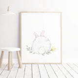Watercolor bunny print with bunny tail in white, gray, yellow colors for baby girls room decor, yellow gray nursery decor.