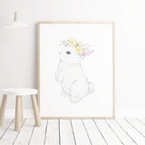 Watercolor bunny printable with bunny tail in white, gray, yellow colors for baby girls room decor, yellow gray nursery decor.