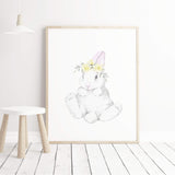 Watercolor bunny poster with bunny tail in white, gray, yellow colors for baby girls room decor, yellow gray nursery decor.
