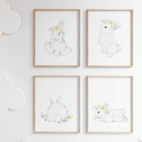Watercolor bunny print with bunny tail in white, gray, yellow colors for baby girls room decor, yellow gray nursery decor.