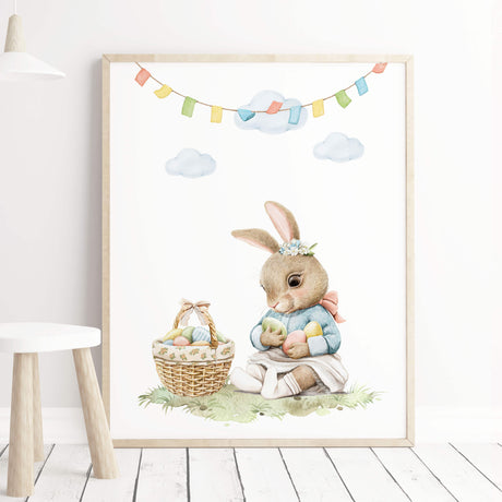 Watercolor easter nursery print with vintage bunny and eggs for easter nursery and kids decor.