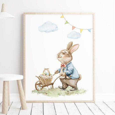 Watercolor easter nursery print with vintage bunny boys and eggs for nursery easter decor, baby girls nursery decor, baby boys nursery decor.