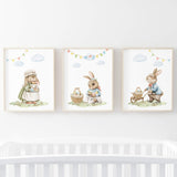 Watercolor easter nursery poster with vintage bunny and eggs for nursery easter decor, gender neutral nursery easter decor.