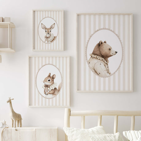 Neutral woodland animal nursery prints with bear squirrel and deer portraits in beige striped background for baby room wall decor