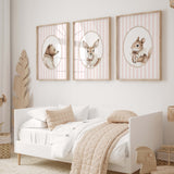 Woodland nursery printable set with girly tones featuring teddy bear deer and squirrel in ruffled collars for baby room