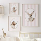 Pink striped nursery prints featuring watercolor woodland animals including bear deer and squirrel in soft vintage style