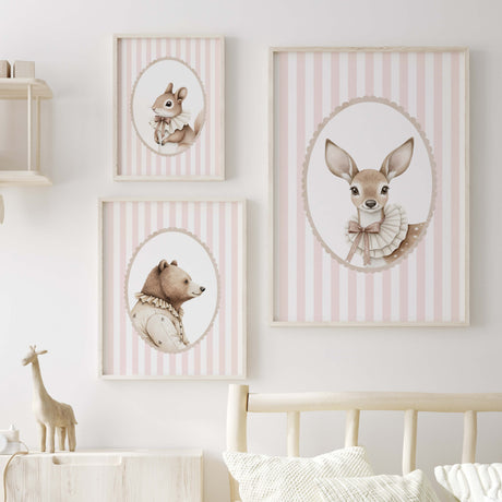 Pink striped nursery prints featuring watercolor woodland animals including bear deer and squirrel in soft vintage style